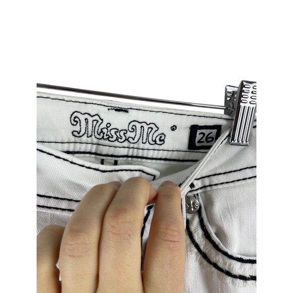 MISS ME Womens 26 Skinny Jeans White Black Saddle Cross Stitch Embellished Y2K - Picture 6 of 9